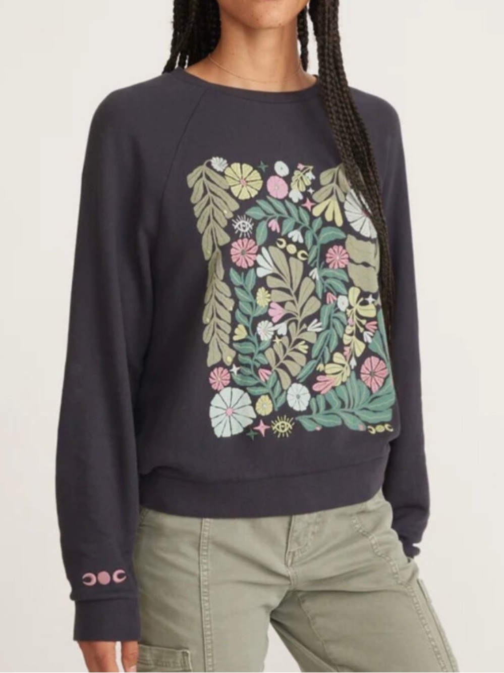 Marine Layer Vintage Terry Floral Graphic Sweatshirt in Washed Black Cotton